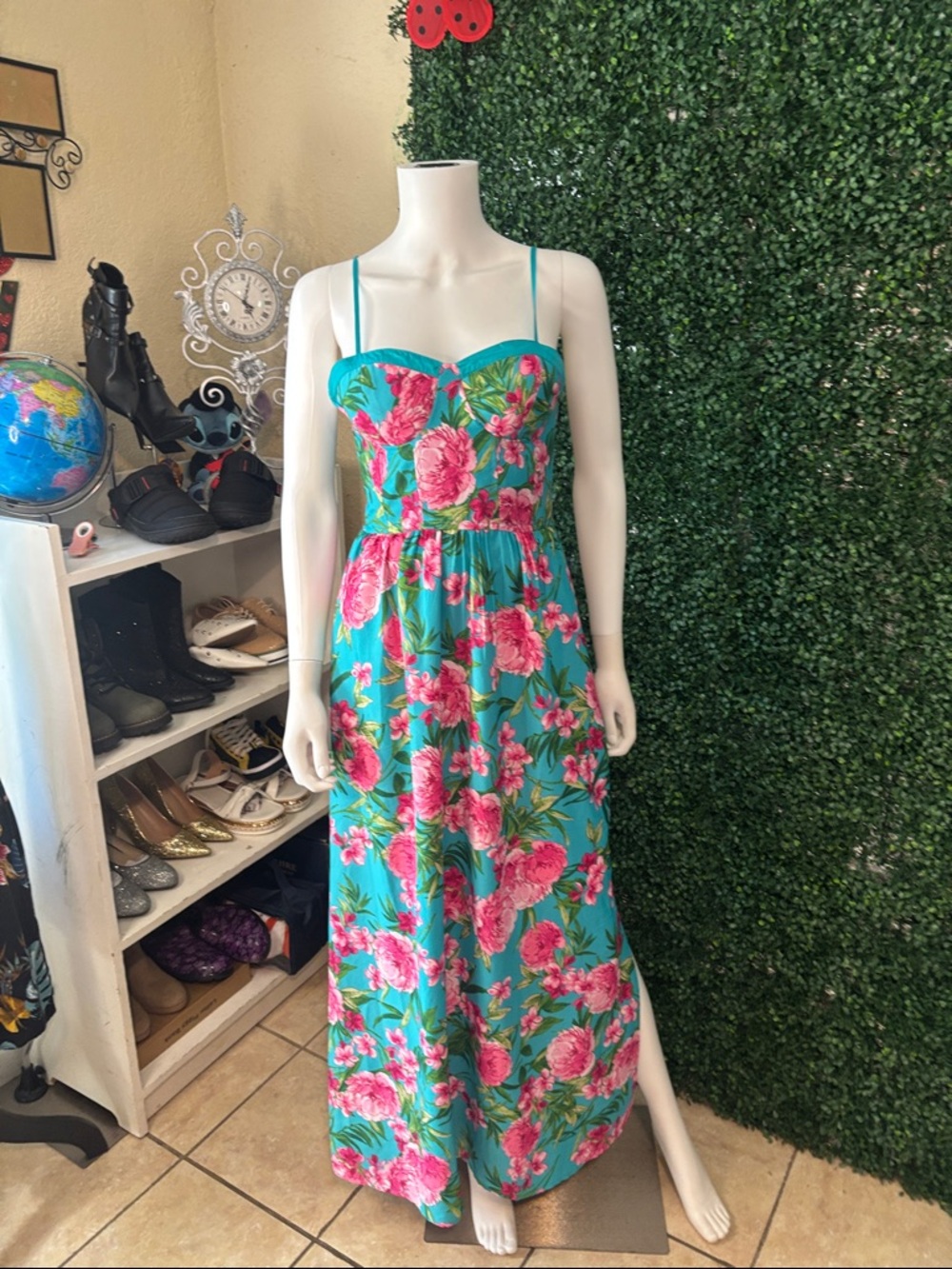 Floral Spaghetti-Strap Maxi Dress in Turquoise and Pink